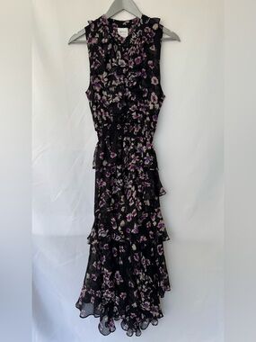 Misa Los Angeles Black Maxi Dress with Purple & Cream Floral Print